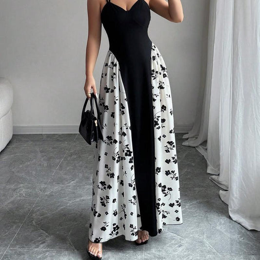 Elengatine Viral Black & White Floral Maxi Dress for Women | Spaghetti Strap Patchwork Long Dress | Slim Fit, Flowy & Breathable Fabric | Perfect for Spring Summer Outfits, Vacation, Brunch, Date Night, Elegant Street Style & Tiktok USA Trends